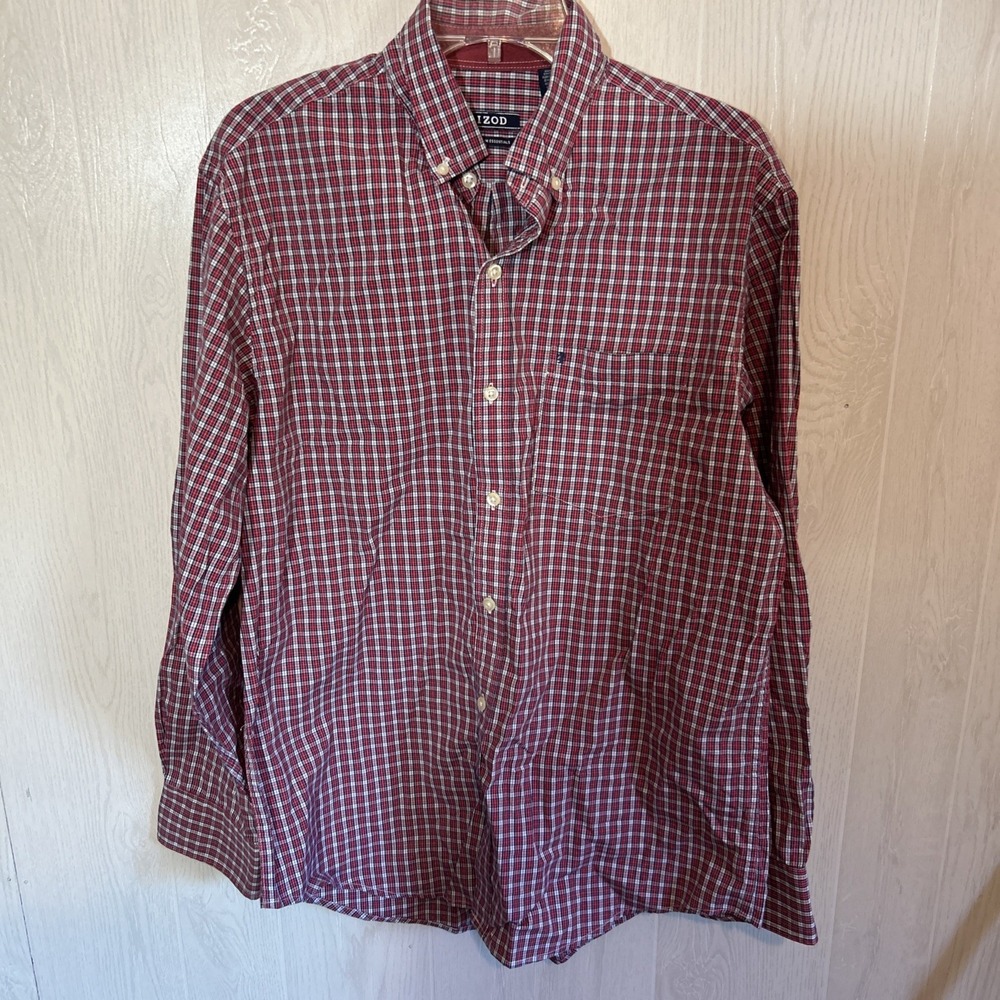 Izod Medium Christmas Red Navy Small Check Dress Shirt